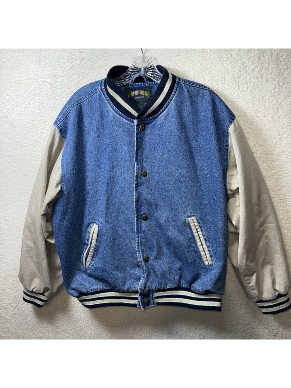 Cambridge Classics Mens Denim Varsity Bomber Jacket Blue Tan Vintage Medium